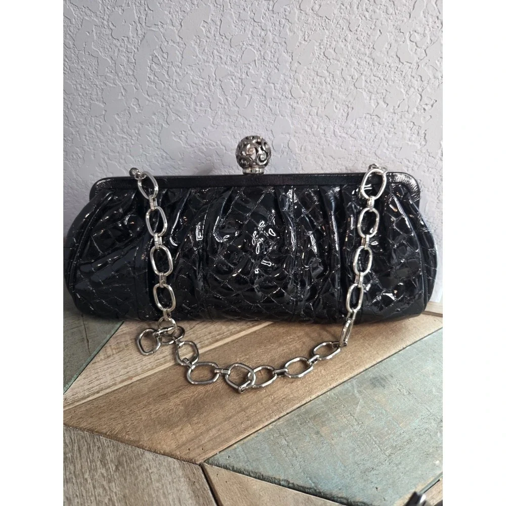 Brighton Black Patent Leather Chain Strap Shoulder Hand Bag Clutch‎ Formal